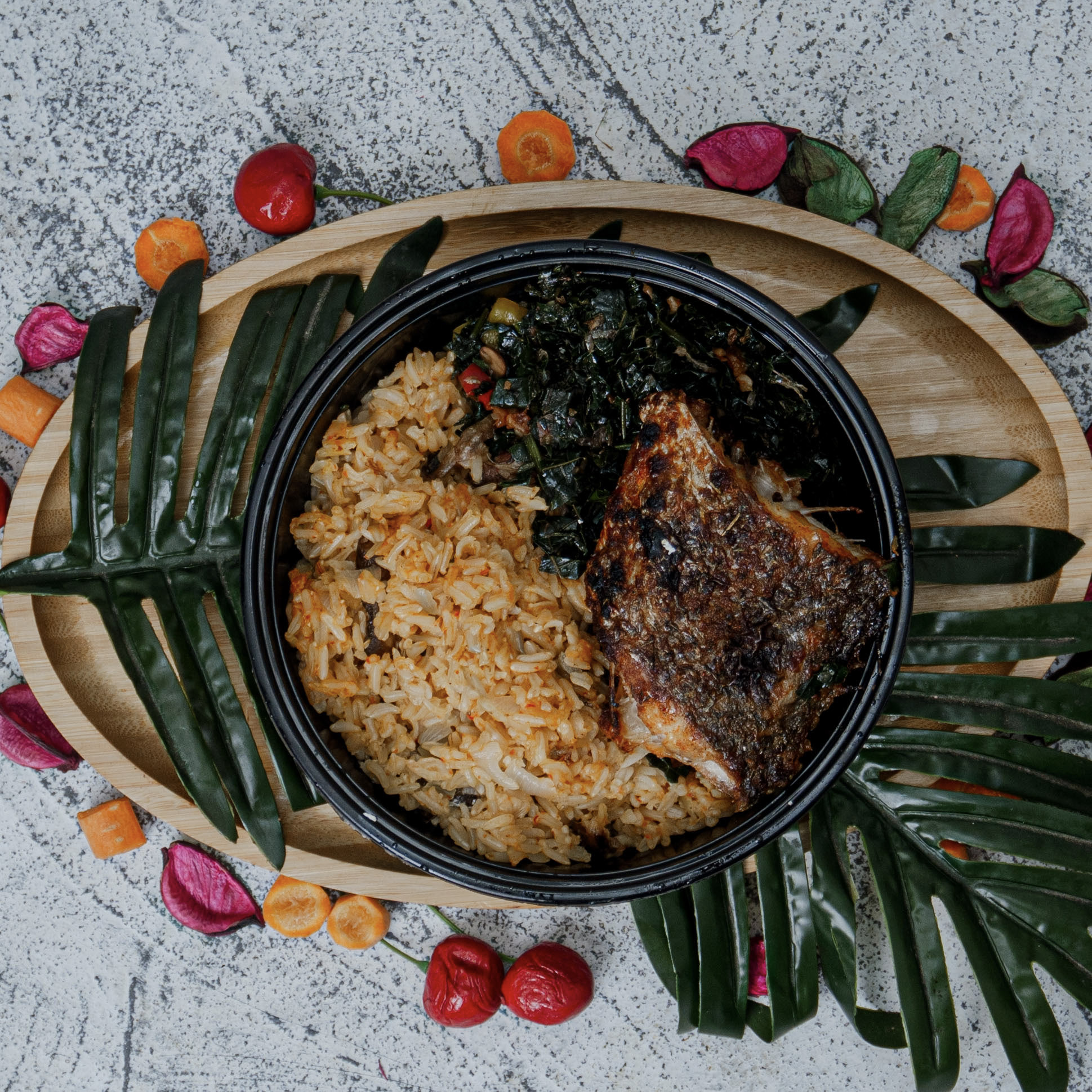 coconut brown/ grilled croaker fish / leafy green veg