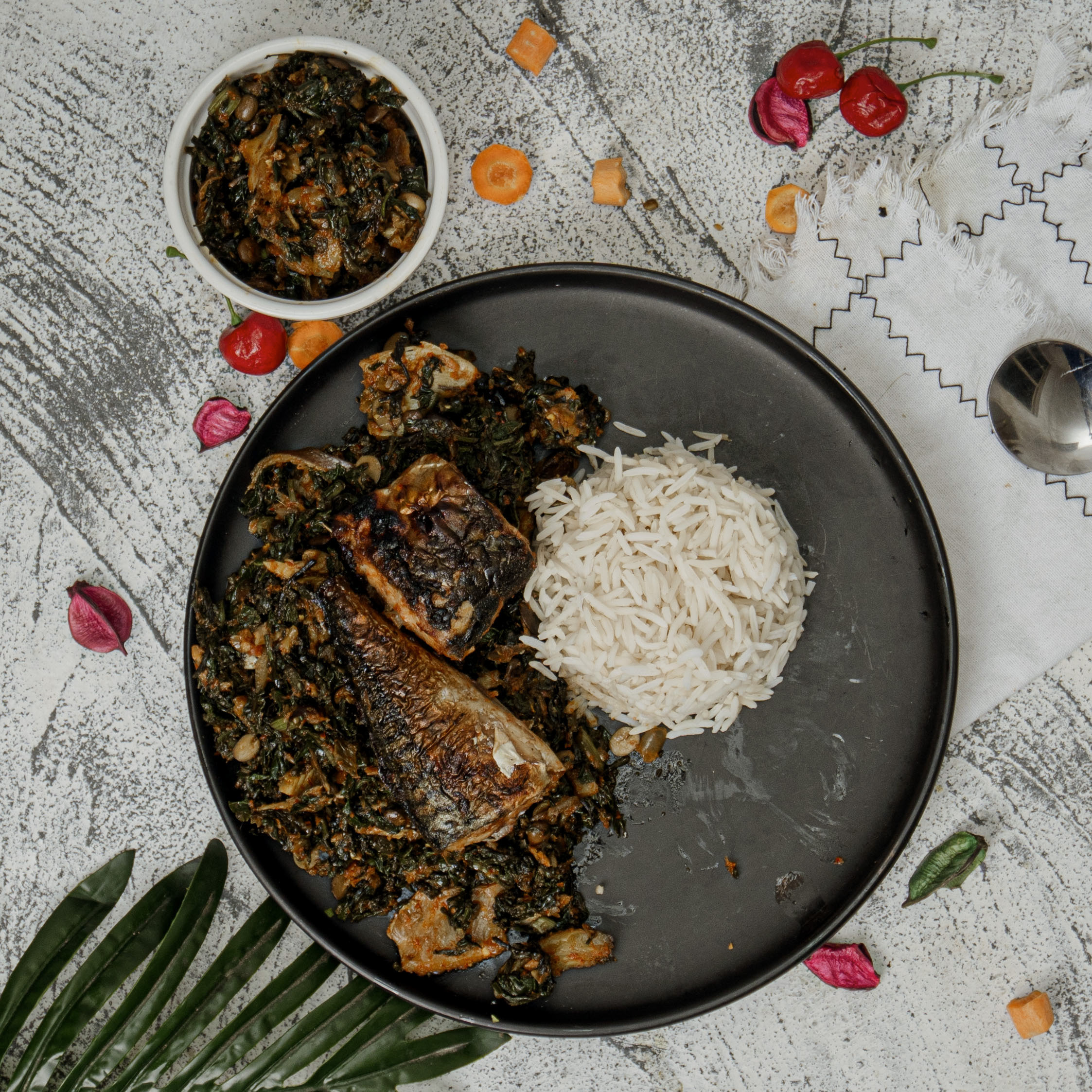 Basmati Rice with Oil-less Efo Riro & Grilled Titus Fish