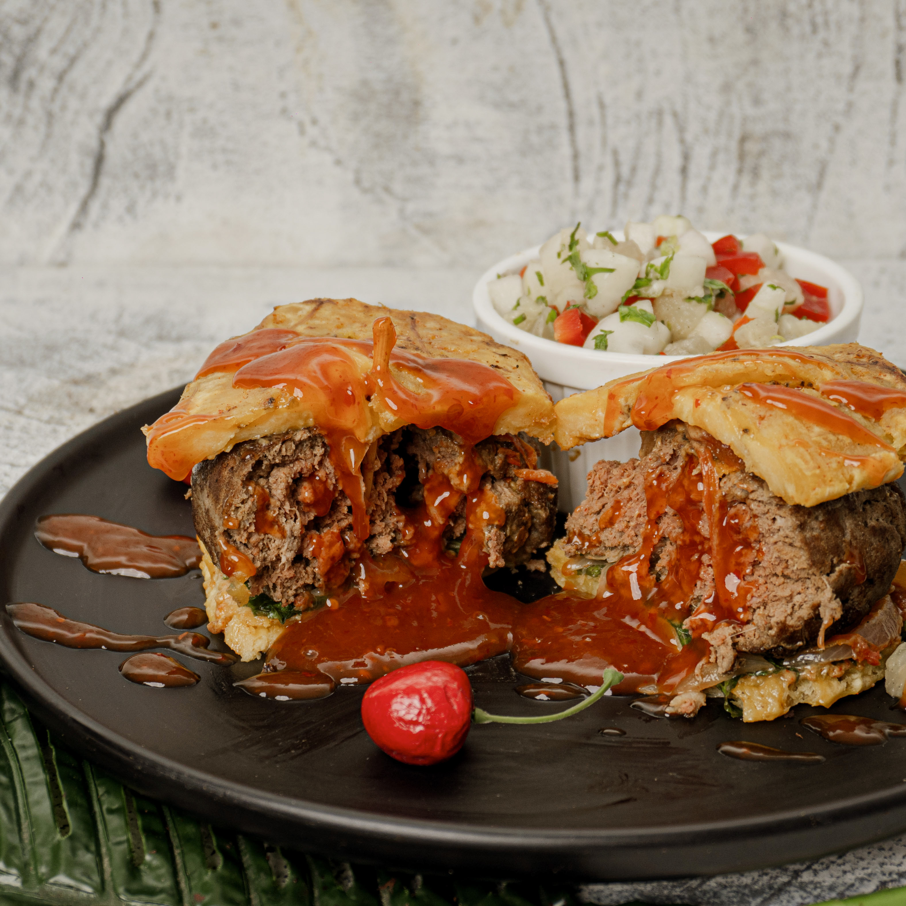 Plantain beef burger/ Pineapple or Mango salsa