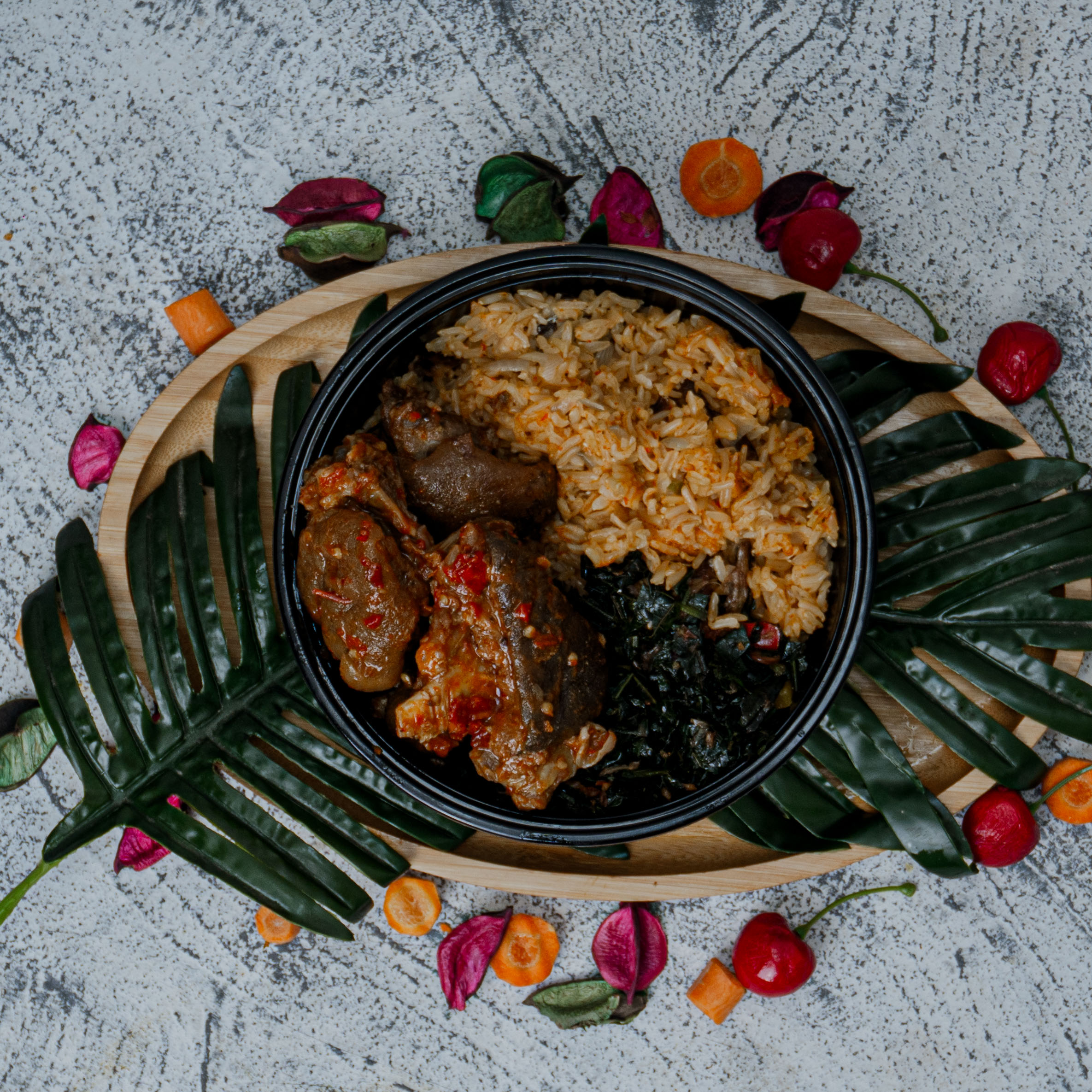 Coconut Brown Rice with Peppered Goat Meat (Asun) & Leafy Green Vegetables