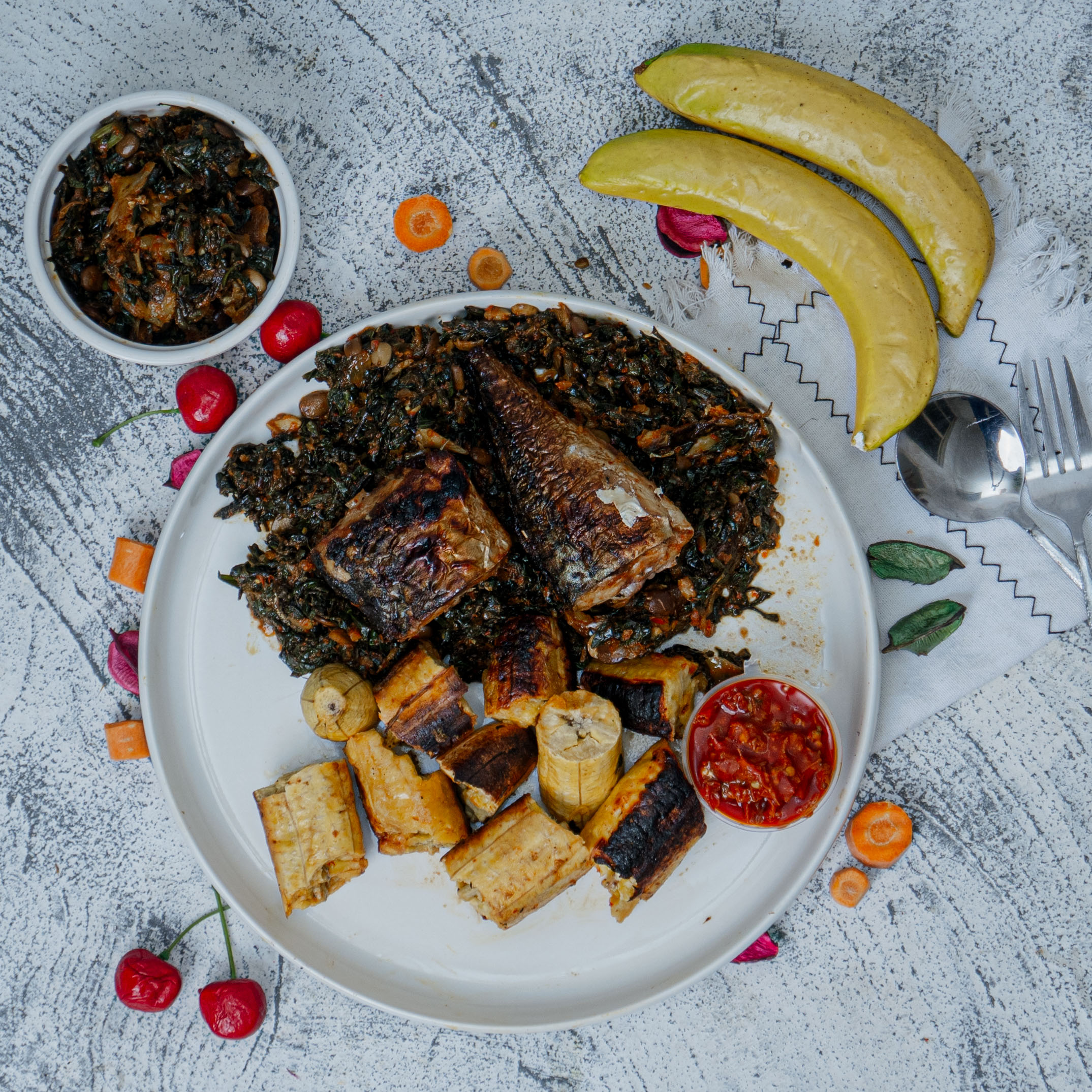 Bole / oil-less Efo Riro / grilled Titus fish