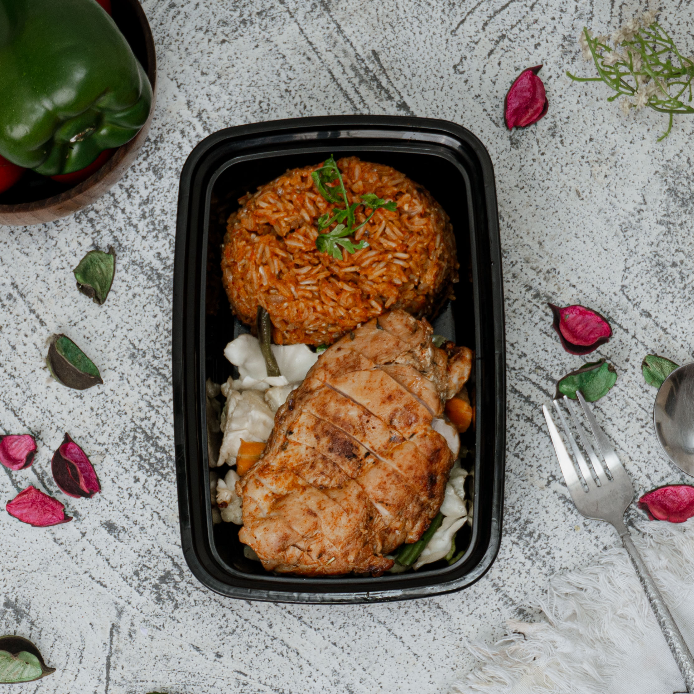 Jollof brown rice/ Grilled  Chicken breast / stir fry vegetables